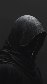 Hooded shadowed figure emerges from textured darkness.