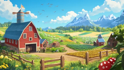 Idyllic stylized farmstead unfolds beneath alpine mountain range