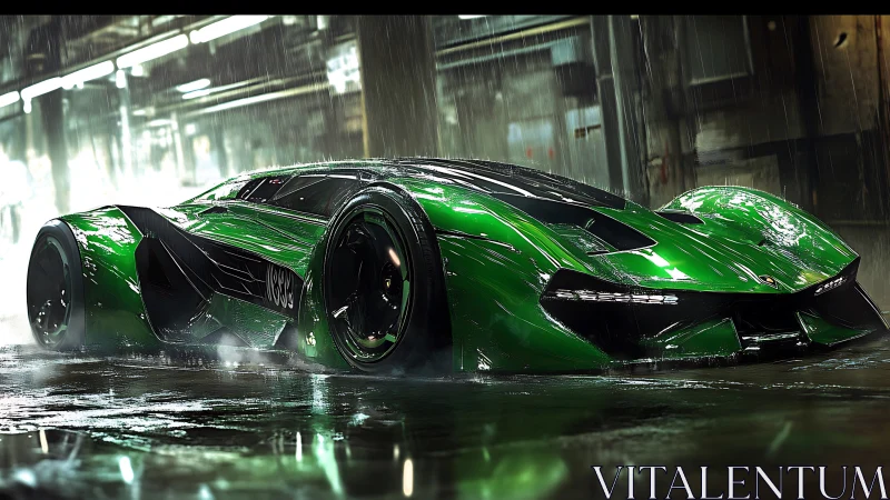 Sleek neon green supercar glowing in a rainy city night.