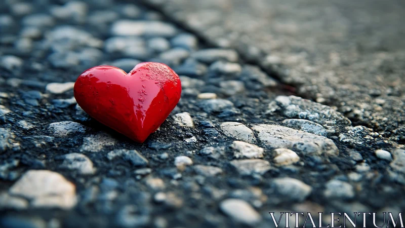 Red heart sculptural form positioned on granulated asphalt substrate.