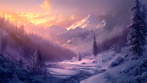 Winter river hums beneath a sunrise of molten amethyst