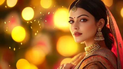 Woman in traditional Indian attire with festive bokeh lights.