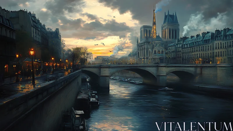 Digital painting of Parisian riverfront at dramatic dusk.
