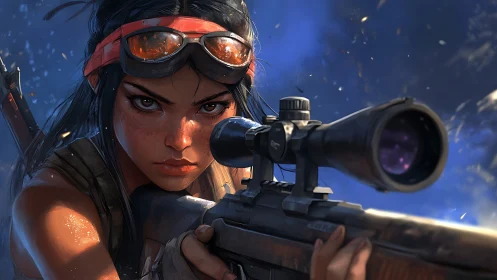 Tactical sniper with illuminated goggles in dynamic combat stance.