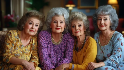 Four Elegant Elderly Women Posing Together in Vintage Style Portrait.