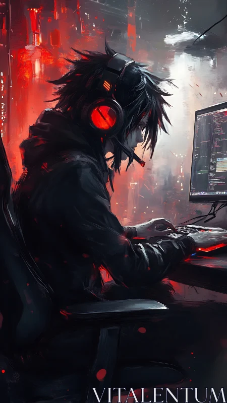 Cyberpunk coder types under neon red backlit monitor glow