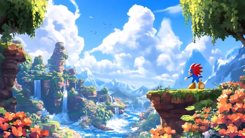 Vivid stylized valley landscape with mascot silhouette on cliff edge