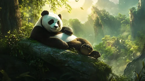 Panda positioned on mossy rock within dense forest valley.