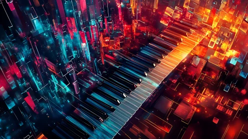Electric piano pathway glows through a vivid neon dreamscape