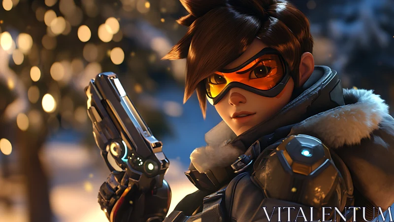 Confident winter hero ready for adventure under soft lights.