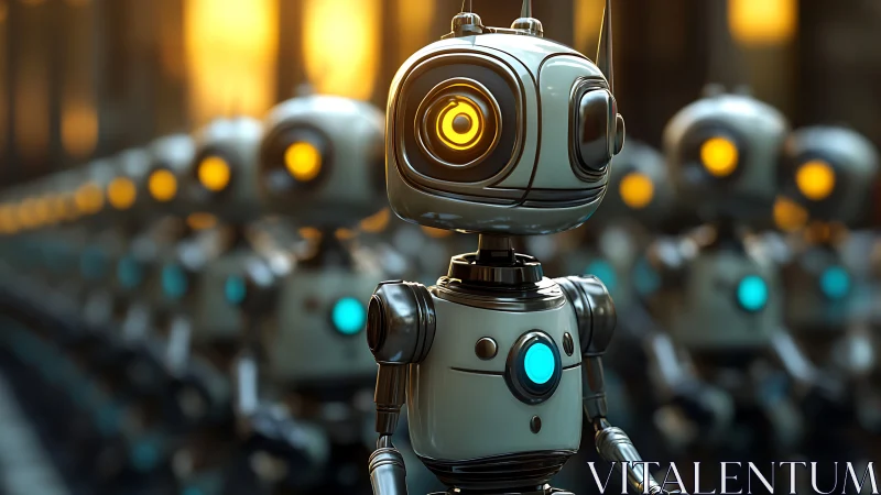 Small robot stands in metallic factory line of clones.