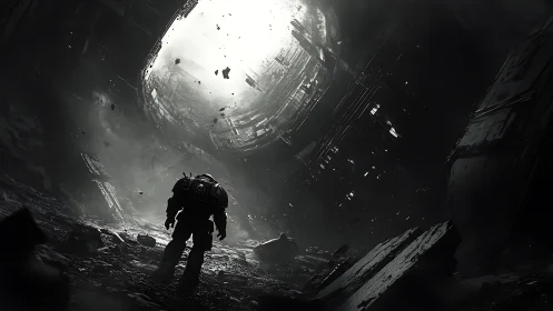 Lone armored explorer confronts collapsing sci fi abyss