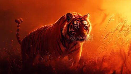 Tiger moves through tall grass under intense orange light