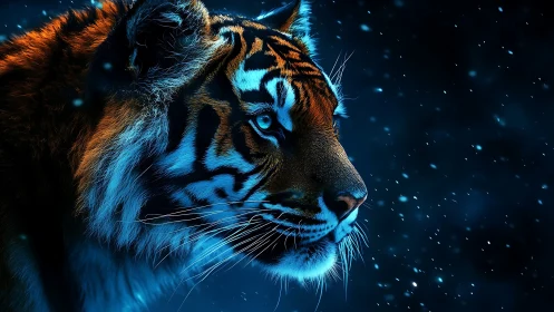 Neon-bathed tiger profile in high-contrast digital painting.