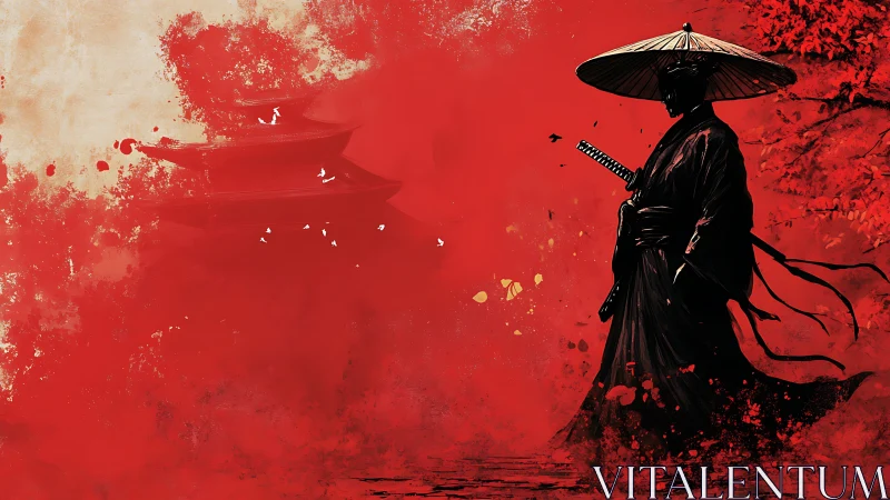 Crimson mist samurai strides through ink-splashed silence.