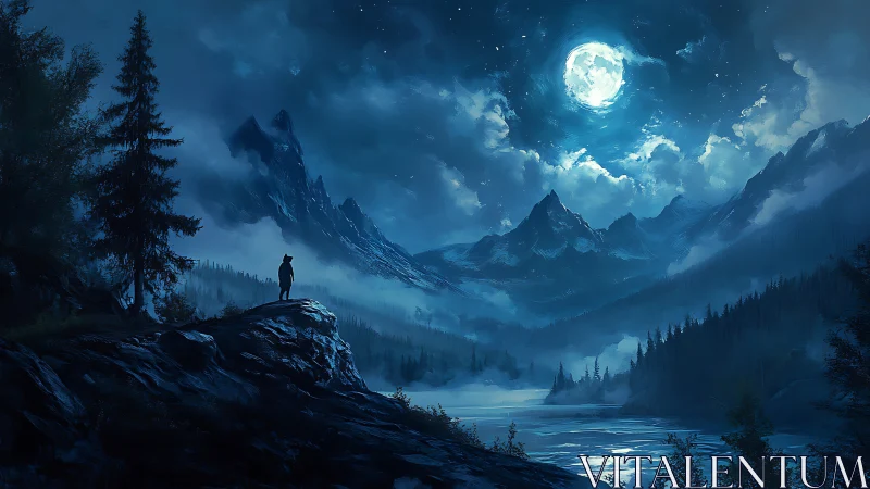 Moonlit wanderer gazes over misty blue mountain valley.