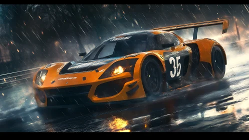 Aerodynamic GT prototype slicing through wet circuit apexes.