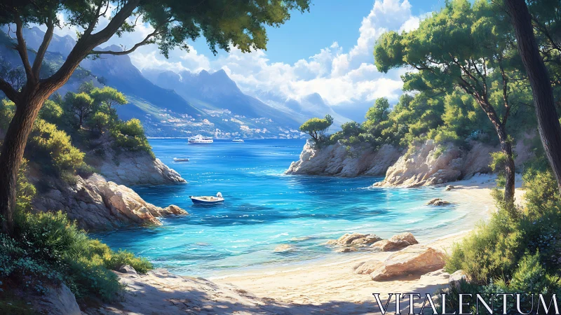 Mediterranean Cove Landscape with Turquoise Waters and Alpine Backdrop.