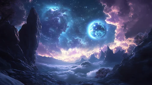 Cosmic mountain valley under glowing blue alien moon.