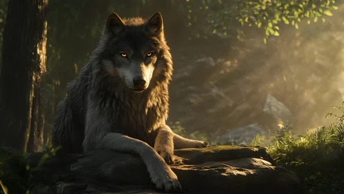 Wolf rests on forest rock in directional evening backlight
