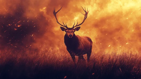 Majestic stag standing defiant amid blazing wildfire sky.