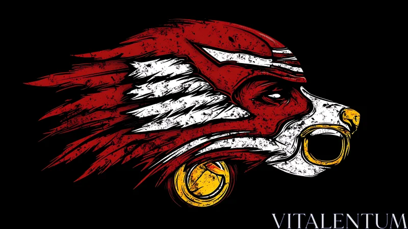 Winged red wolf profile with bold gold ring accents.