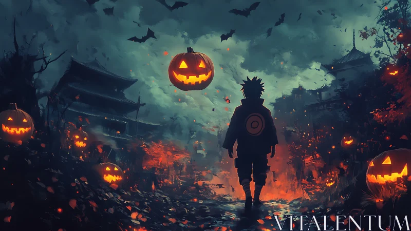 Midnight wanderer in a lantern-lit Halloween storm.