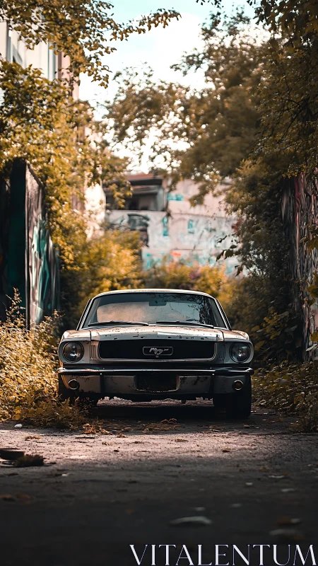 Classic coupe parked in overgrown urban alleyway setting.