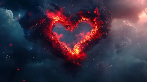 Fiery Heart Burst in Ethereal Storm Clouds. Digital Rendering.