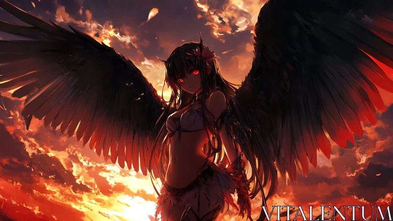 Dark angel silhouette ignites against blazing sunset sky.