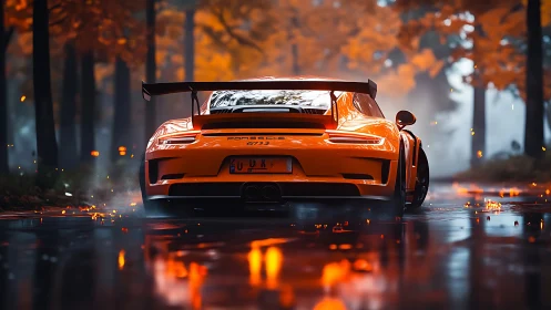 Autumn inferno supercar slides through ember-lit forest road.