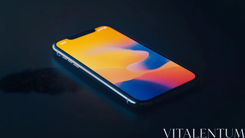 Modern smartphone with abstract wallpaper on dark surface, minimal style.