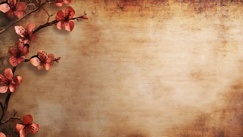 Blush blossoms lean softly into a weathered parchment sky