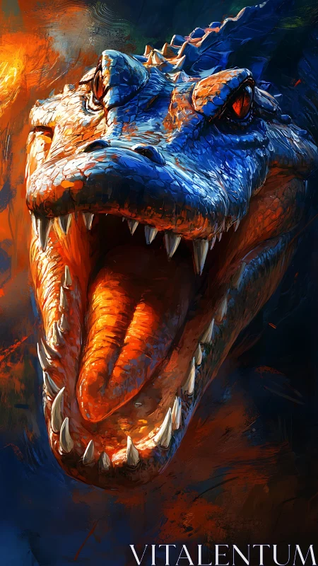 Fiery digital dragon head with glowing jaws and teeth.