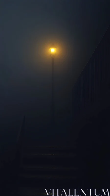 Lone fog-drenched lamppost guarding a midnight stairway.