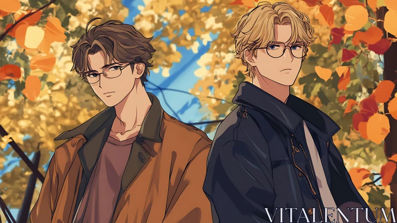 Glasses-wearing youths in layered coats amid rich autumn foliage.