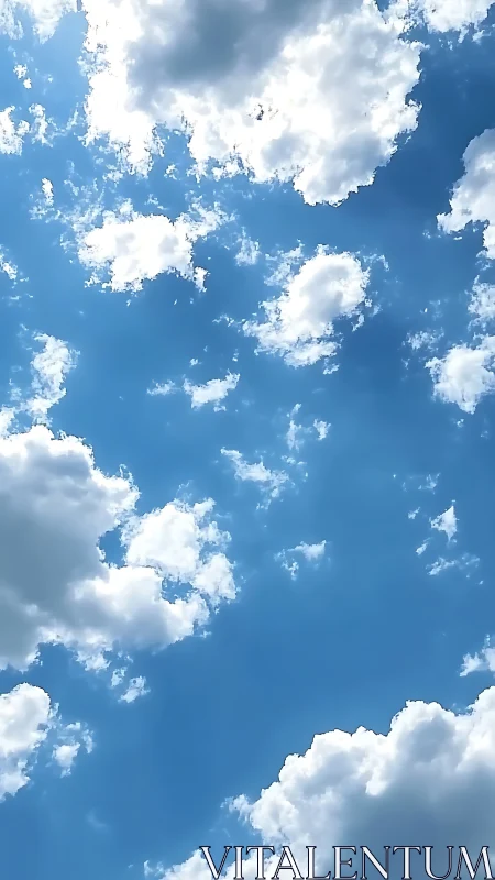 Vertical view of scattered cumulus clouds in blue sky.
