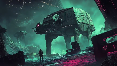 Colossal quadruped war machine towers over lone figure in toxic mist