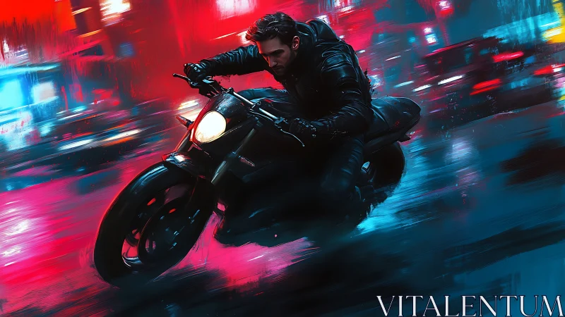Night rider leans through neon-soaked urban rain curve.