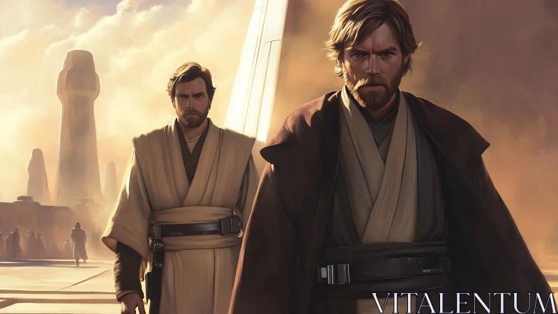 Twin robed warriors in desert cityscape under diffuse light