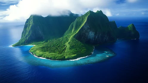 Aerial volcanic island with verdant caldera relief and tropical ocean context