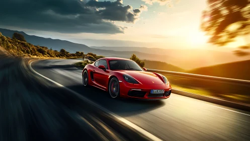 Red sports coupe on mountain pass at golden hour, motion blur