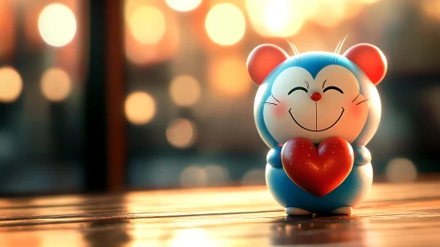 Chibi blue mouse figurine holding glossy red heart on bokeh table