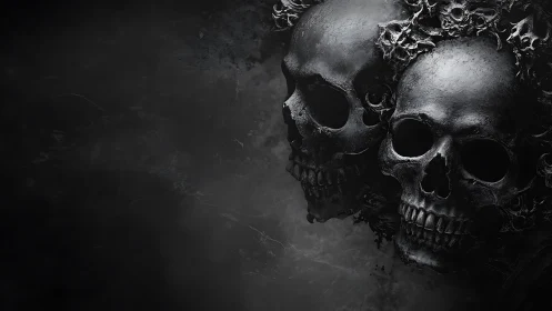 Three metallic skulls cluster on dark textured background