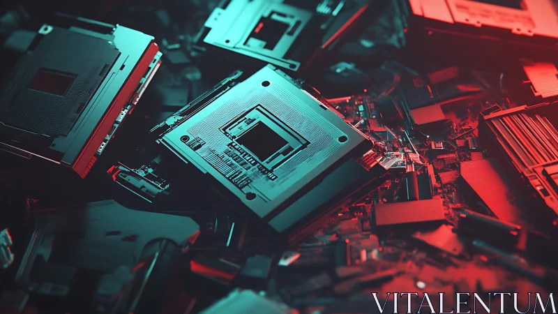 Circuit boards rest in a glowing teal and red tech haze