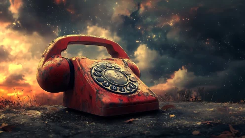 Stargazing Rusted Rotary Phone Under Ember Skies.