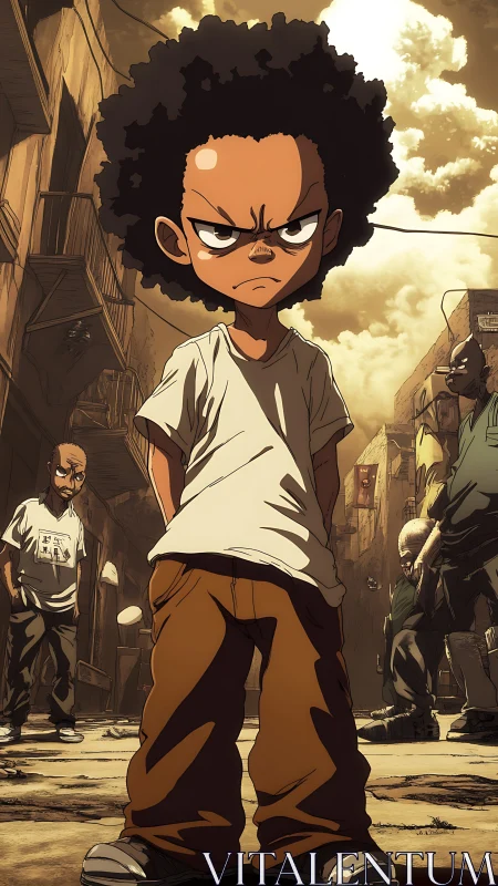 Tough cartoon kid stands in gritty urban alley scene.