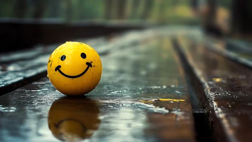 Smiley ball on wet bench captured with shallow depth of field