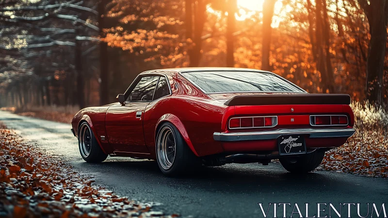 Red vintage coupe on forest road under autumn light.