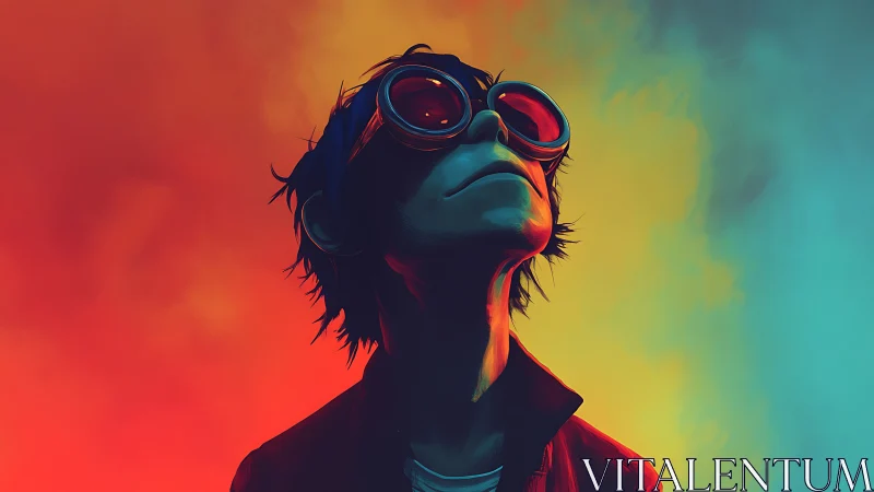 Goggled youth portrait against vivid dual color haze.